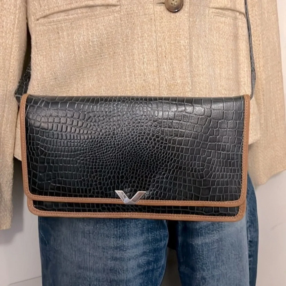 Navy Blue Croc Embossed Faux Leather Flap Clutch Crossbody Shoulder Bag Purse